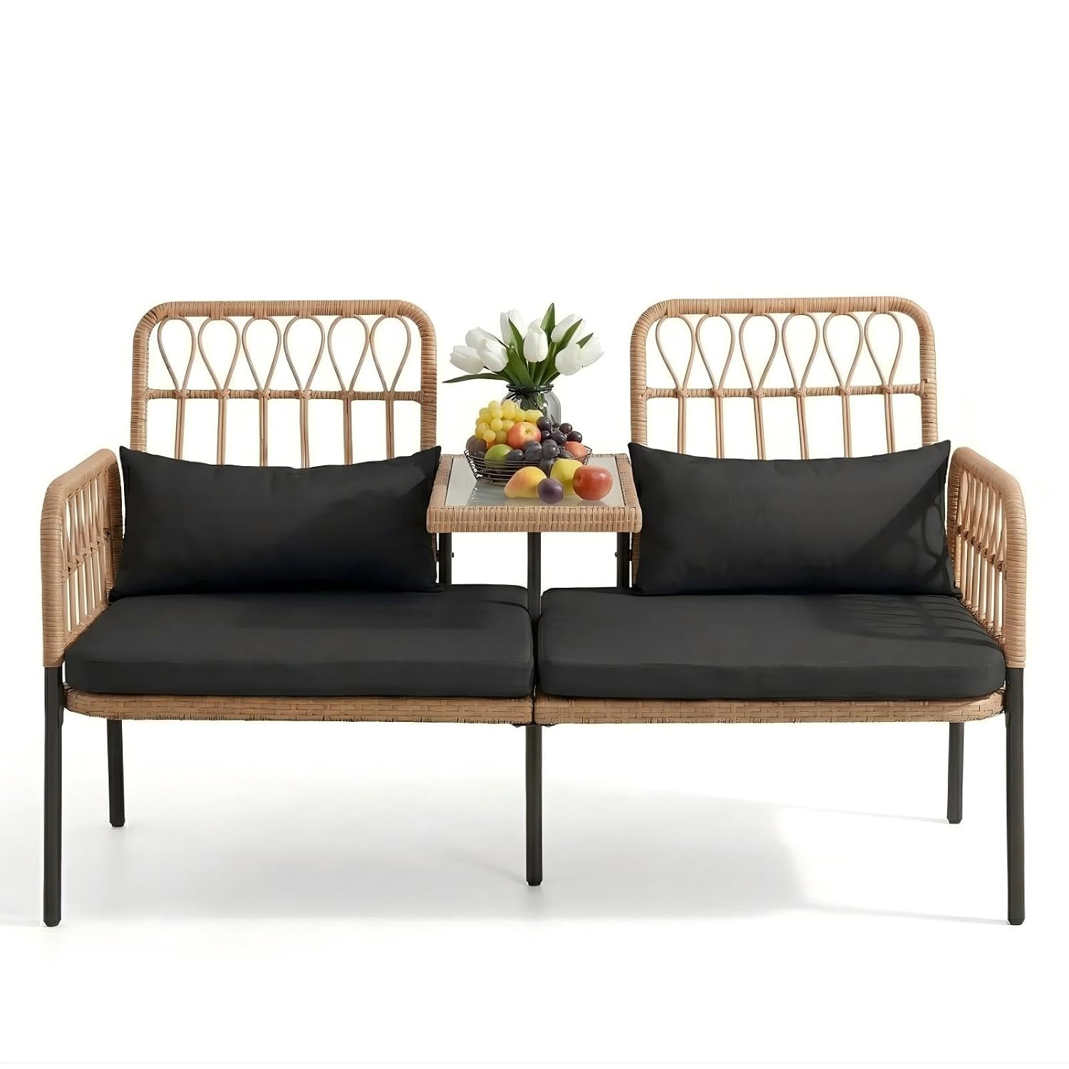 Outdoor Furniture Rattan - Rattan Loveseat with Glass Table, 2-Seat