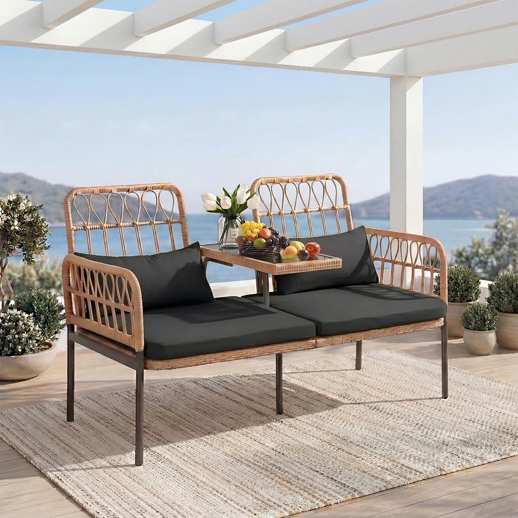 Rattan Loveseat with Glass Tab - đánh giá và giá Outdoor Furniture Rattan